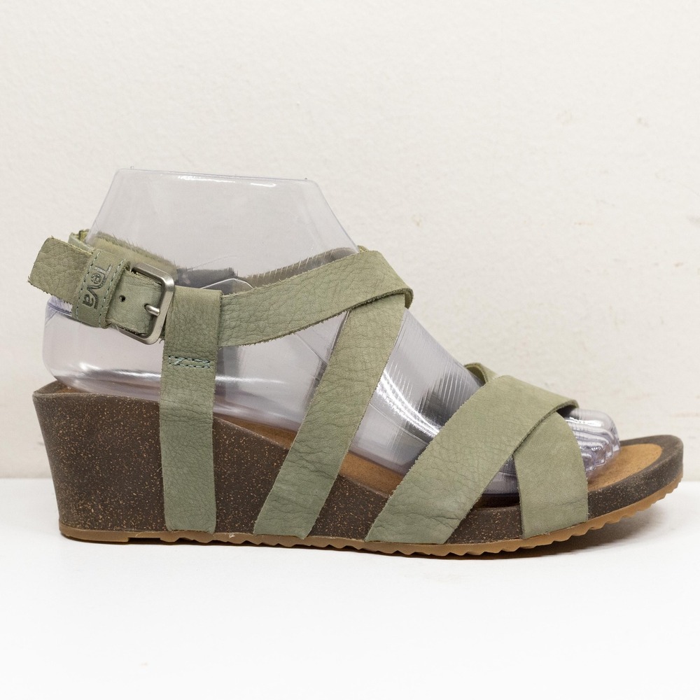 TEVA Mahonia Cross Strap Cork Wedge Leather Sandals Olive Green Sz 7.5